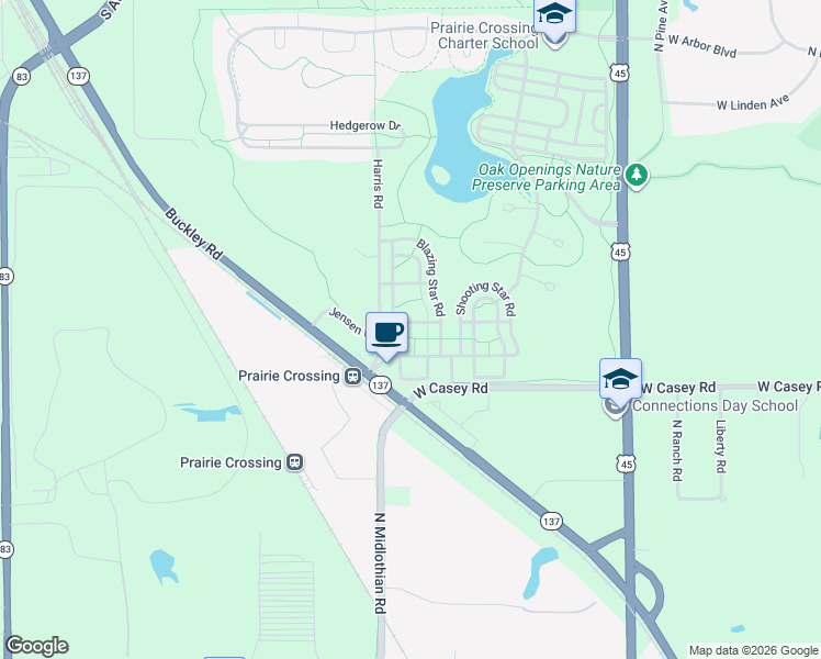 map of restaurants, bars, coffee shops, grocery stores, and more near 1368 Wild Indigo Road in Grayslake