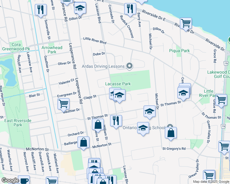 map of restaurants, bars, coffee shops, grocery stores, and more near 590 Lacasse Boulevard in Windsor