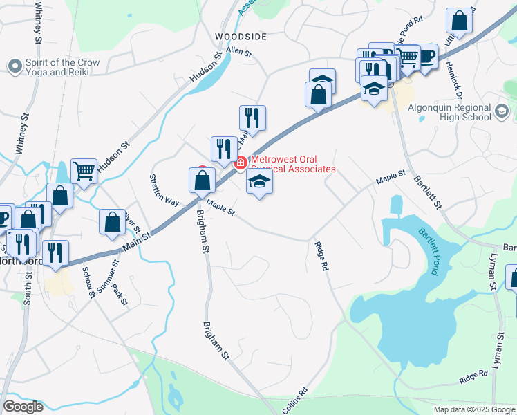 map of restaurants, bars, coffee shops, grocery stores, and more near 31 Maple Street in Northborough