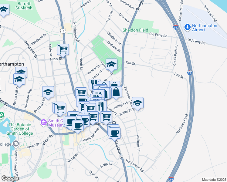 map of restaurants, bars, coffee shops, grocery stores, and more near 66 Bridge Street in Northampton