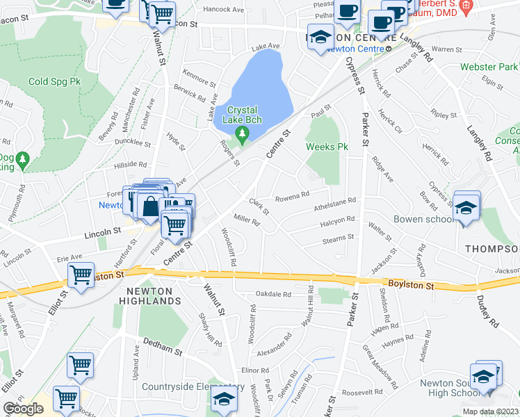 map of restaurants, bars, coffee shops, grocery stores, and more near 35 Clark Street in Newton