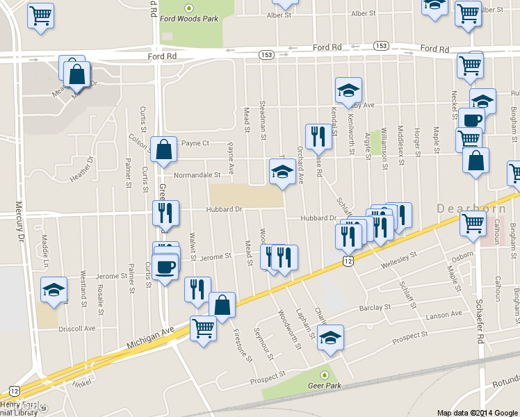 map of restaurants, bars, coffee shops, grocery stores, and more near 14898 Hubbard Drive in Dearborn