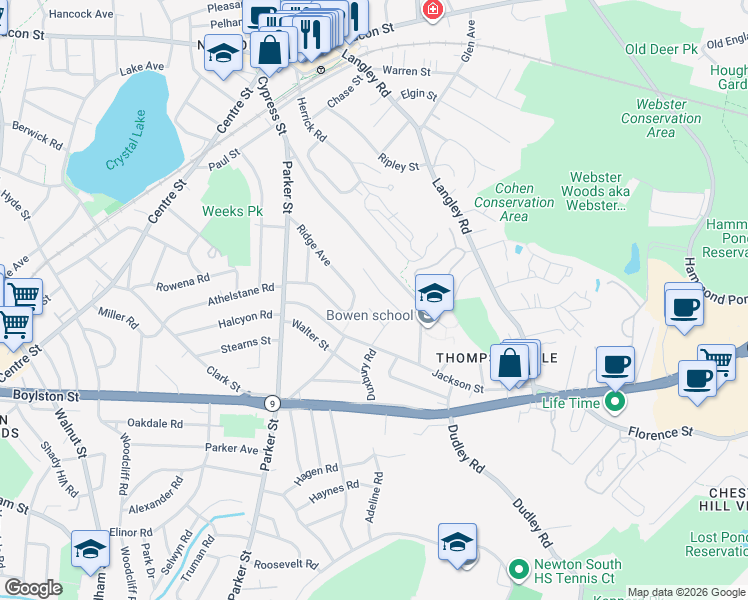 map of restaurants, bars, coffee shops, grocery stores, and more near 48 Bow Road in Newton