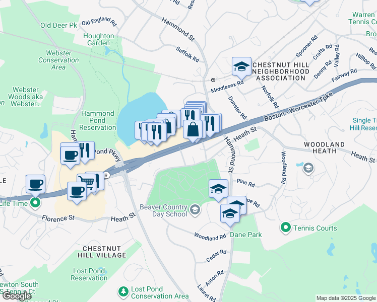 map of restaurants, bars, coffee shops, grocery stores, and more near 1262 Massachusetts 9 in Brookline