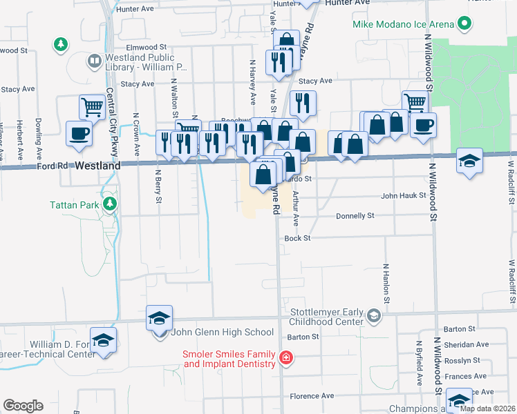 map of restaurants, bars, coffee shops, grocery stores, and more near in Westland