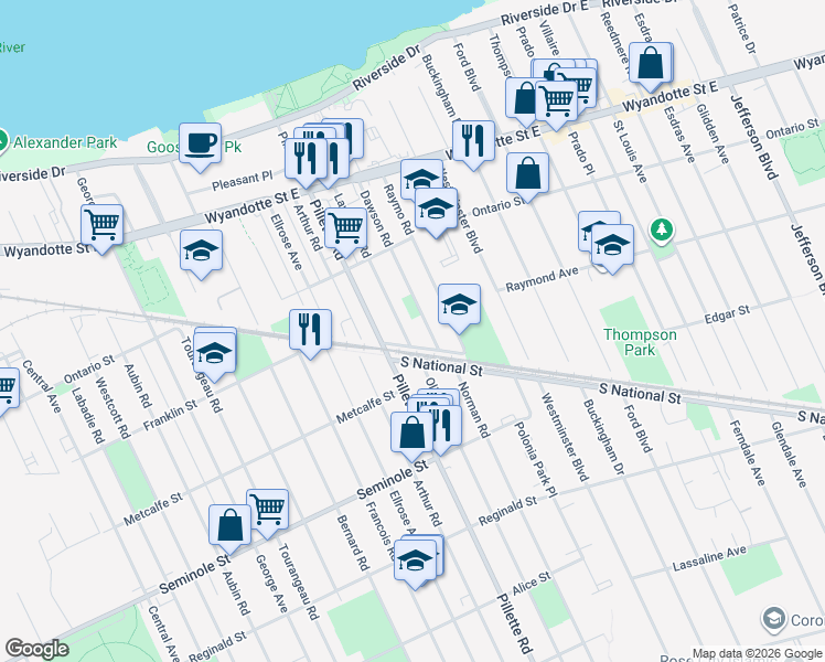 map of restaurants, bars, coffee shops, grocery stores, and more near 1050 Dawson Road in Windsor