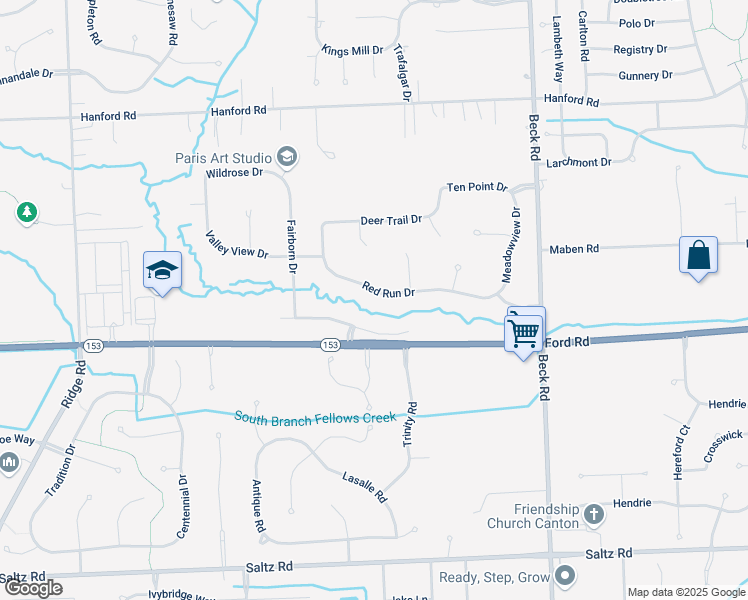 map of restaurants, bars, coffee shops, grocery stores, and more near 48141 Red Run Drive in Canton