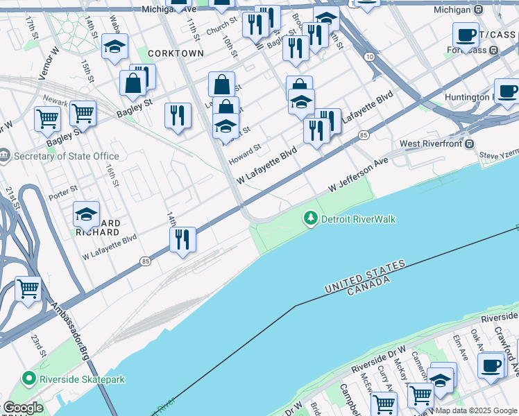 map of restaurants, bars, coffee shops, grocery stores, and more near 1801 West Fort Street in Detroit
