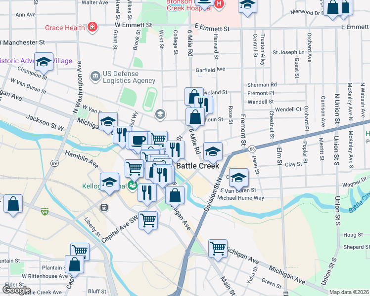 map of restaurants, bars, coffee shops, grocery stores, and more near 60 West Van Buren Street in Battle Creek