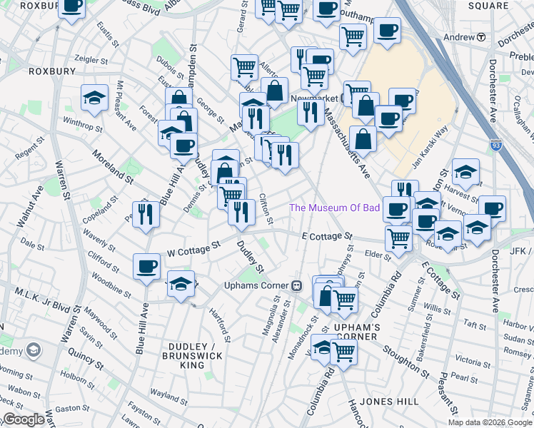 map of restaurants, bars, coffee shops, grocery stores, and more near 11 Marshfield Street in Boston