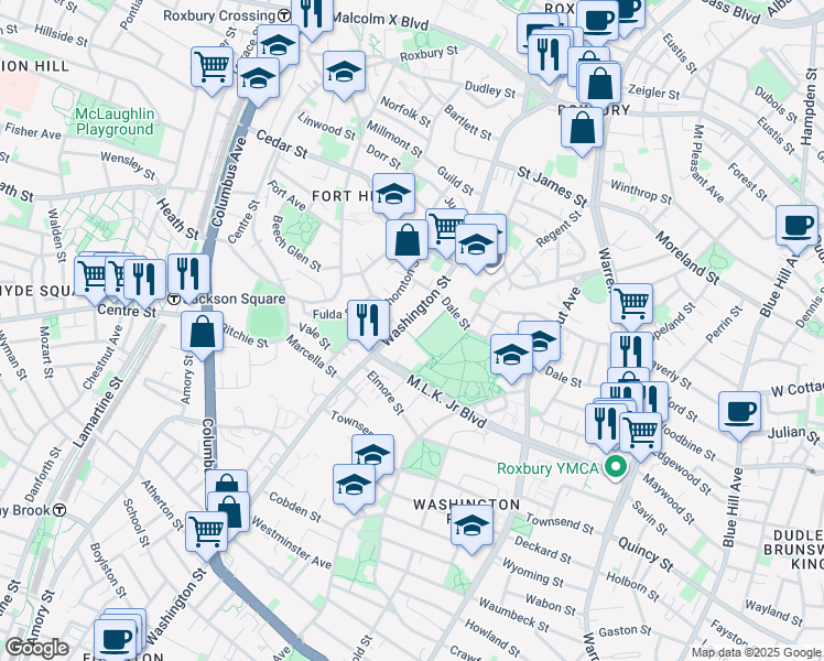 map of restaurants, bars, coffee shops, grocery stores, and more near 2757 Washington Street in Boston
