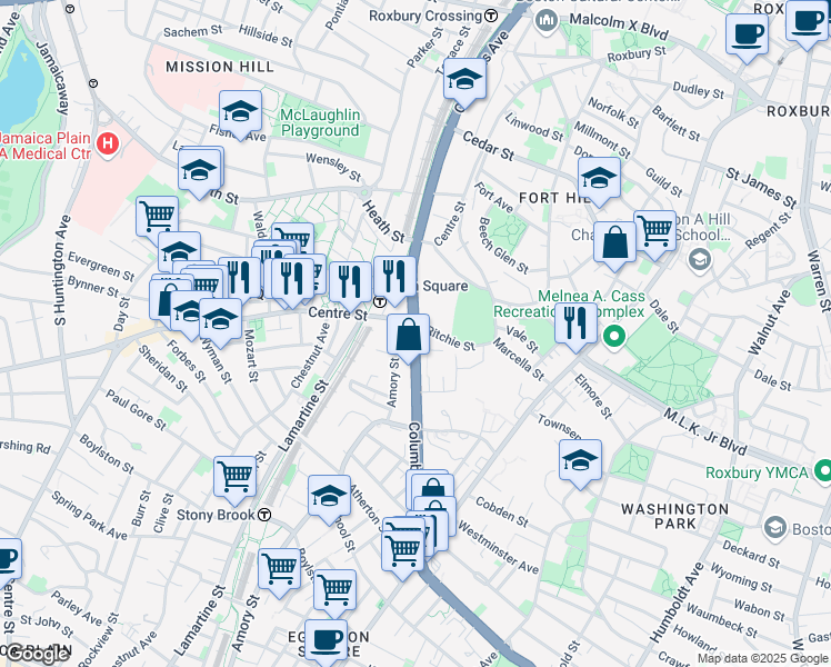 map of restaurants, bars, coffee shops, grocery stores, and more near 1596 Columbus Avenue in Boston