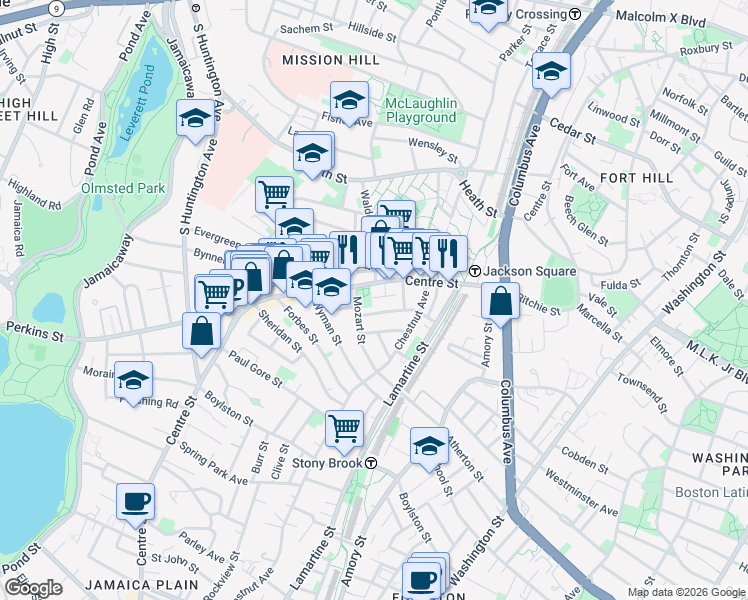 map of restaurants, bars, coffee shops, grocery stores, and more near 10 Mozart Street in Boston