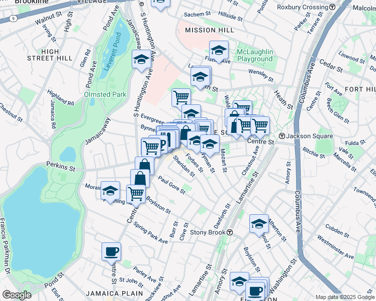 map of restaurants, bars, coffee shops, grocery stores, and more near 358a Centre Street in Boston