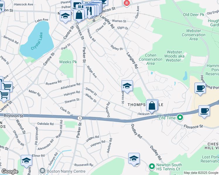 map of restaurants, bars, coffee shops, grocery stores, and more near 48 Bow Road in Newton
