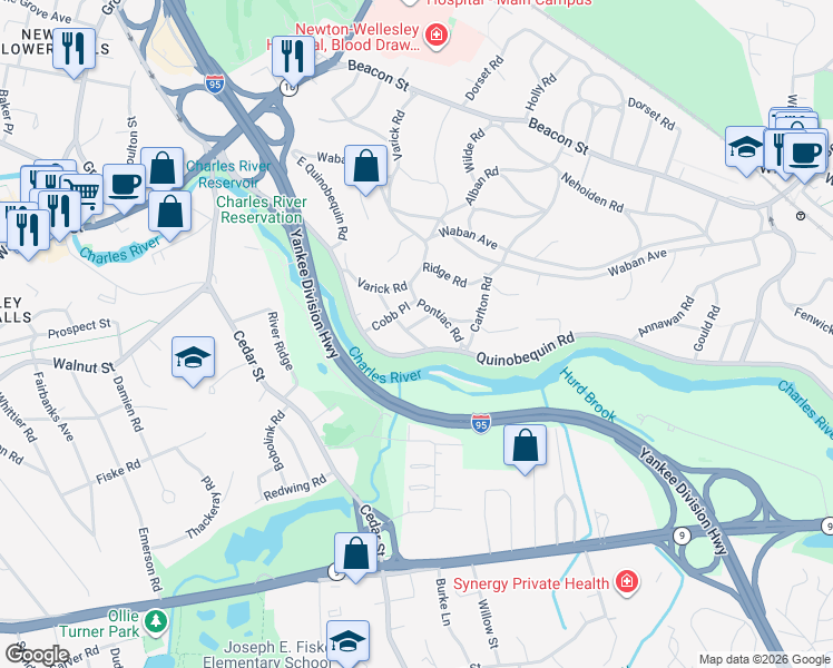 map of restaurants, bars, coffee shops, grocery stores, and more near 38 Dwhinda Road in Newton