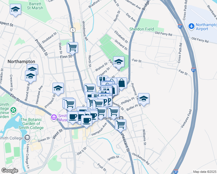 map of restaurants, bars, coffee shops, grocery stores, and more near 25 Union Street in Northampton