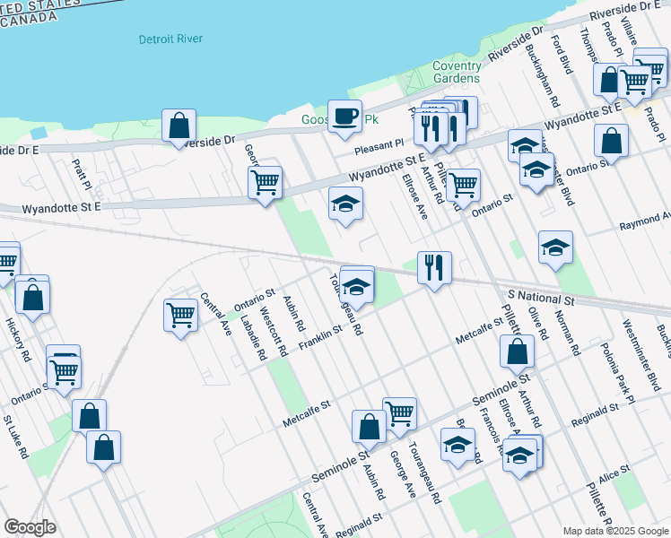 map of restaurants, bars, coffee shops, grocery stores, and more near 210 Tourangeau Road in Windsor