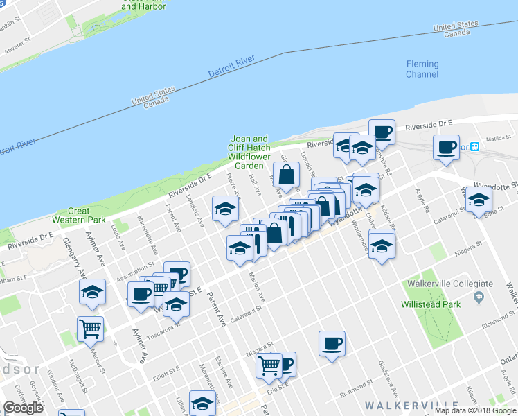 map of restaurants, bars, coffee shops, grocery stores, and more near 365 Hall Avenue in Windsor