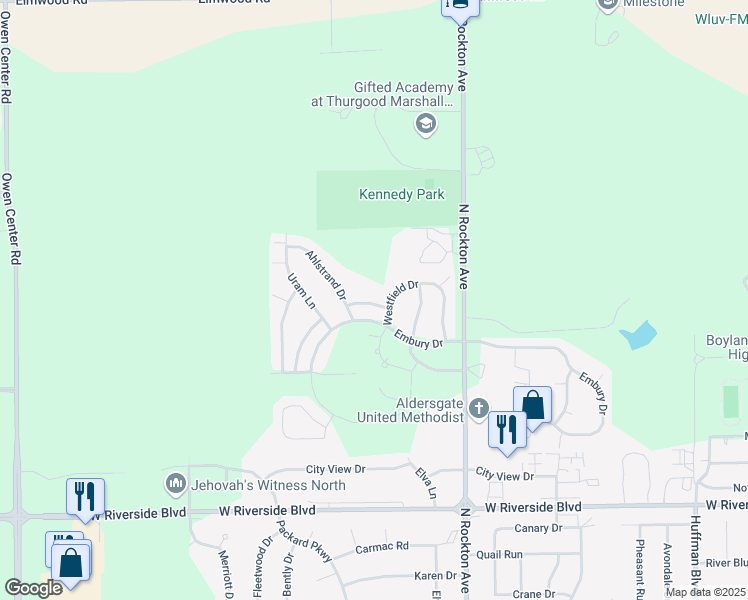 map of restaurants, bars, coffee shops, grocery stores, and more near 3225 Wesley Way in Rockford