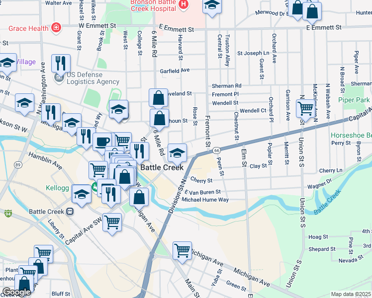 map of restaurants, bars, coffee shops, grocery stores, and more near 145 Capital Avenue Northeast in Battle Creek