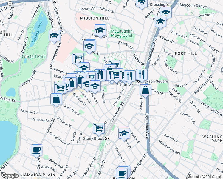 map of restaurants, bars, coffee shops, grocery stores, and more near 8 Buckley Avenue in Boston