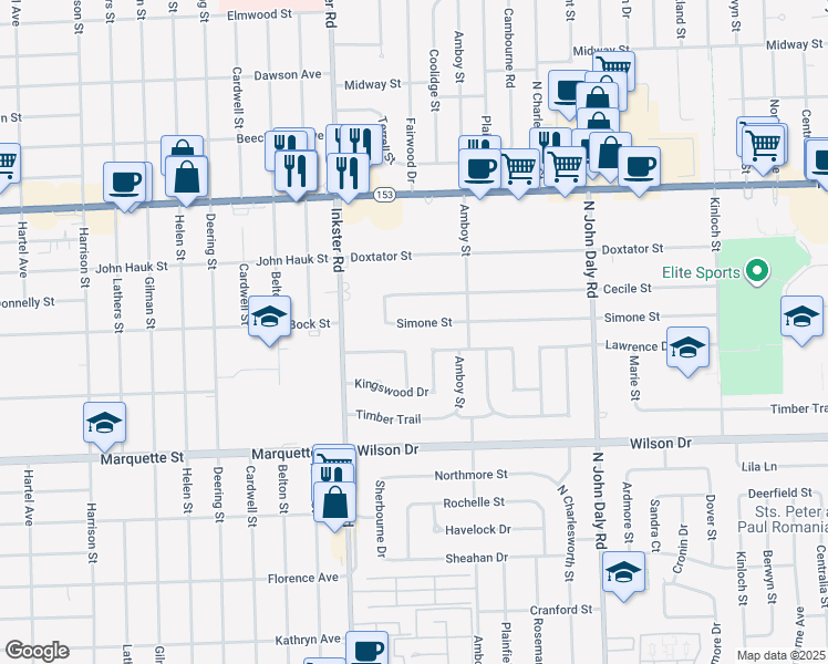 map of restaurants, bars, coffee shops, grocery stores, and more near 27117 Simone Street in Dearborn Heights
