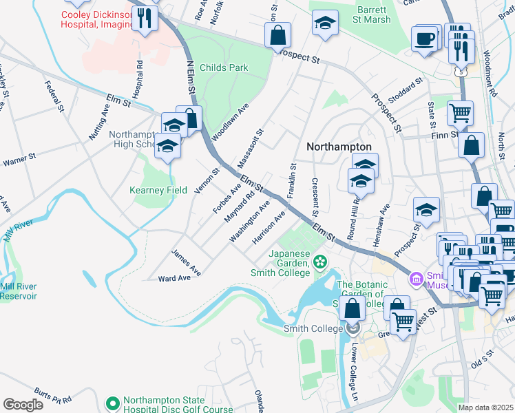 map of restaurants, bars, coffee shops, grocery stores, and more near 15 Washington Avenue in Northampton