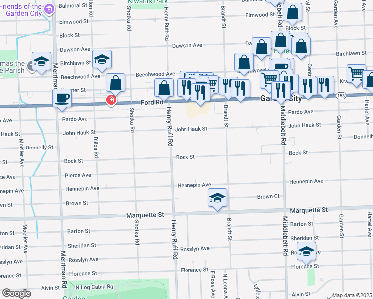 map of restaurants, bars, coffee shops, grocery stores, and more near 30120 Bock Street in Garden City