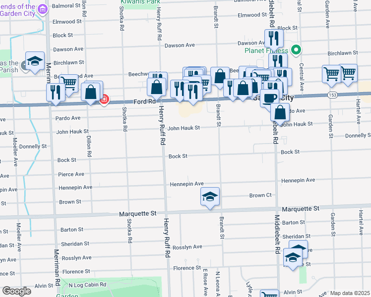 map of restaurants, bars, coffee shops, grocery stores, and more near 30120 Bock Street in Garden City