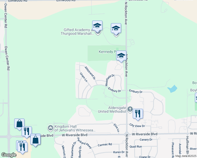 map of restaurants, bars, coffee shops, grocery stores, and more near 3225 Wesley Way in Rockford