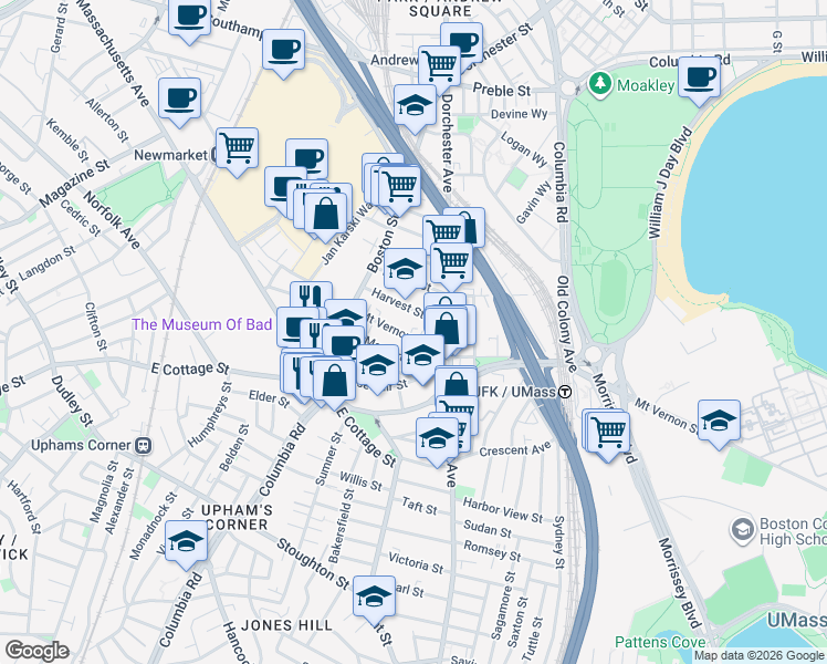 map of restaurants, bars, coffee shops, grocery stores, and more near 20 Mount Vernon Street in Boston