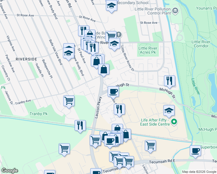 map of restaurants, bars, coffee shops, grocery stores, and more near in Windsor