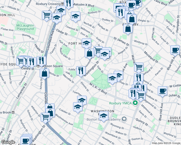 map of restaurants, bars, coffee shops, grocery stores, and more near 2730 Washington Street in Boston