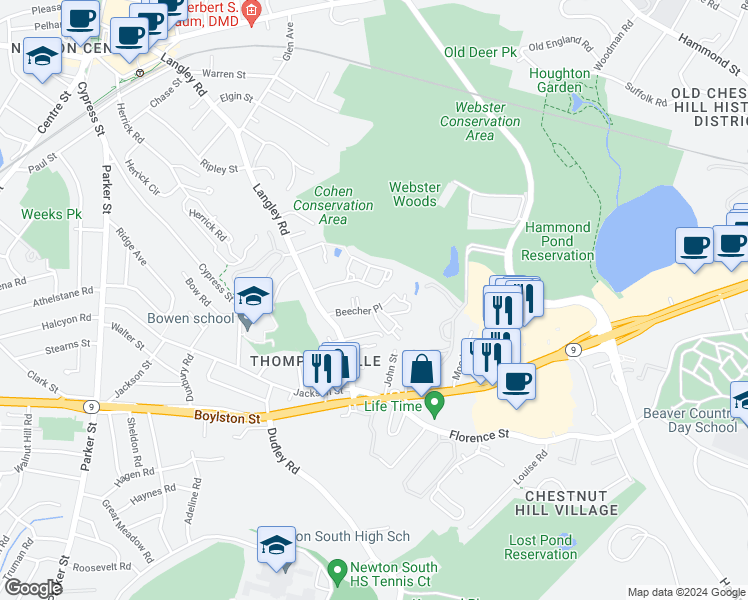 map of restaurants, bars, coffee shops, grocery stores, and more near 50 Beecher Place in Newton