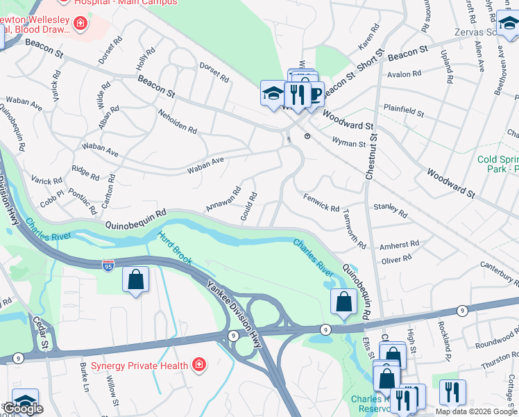 map of restaurants, bars, coffee shops, grocery stores, and more near 9 York Road in Newton