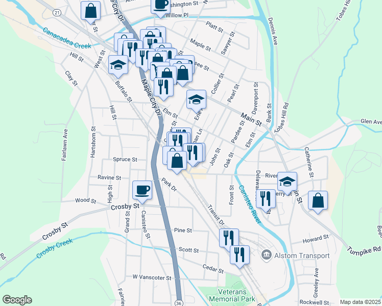 map of restaurants, bars, coffee shops, grocery stores, and more near 591/2 Jane Street in Hornell