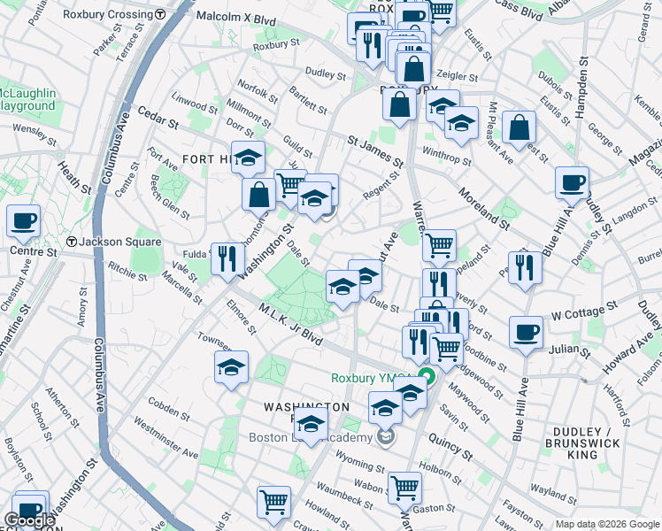 map of restaurants, bars, coffee shops, grocery stores, and more near 79 Wakullah Street in Boston