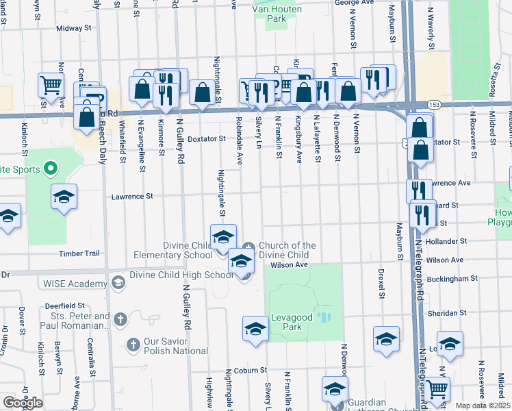 map of restaurants, bars, coffee shops, grocery stores, and more near 1620 Robindale Avenue in Dearborn