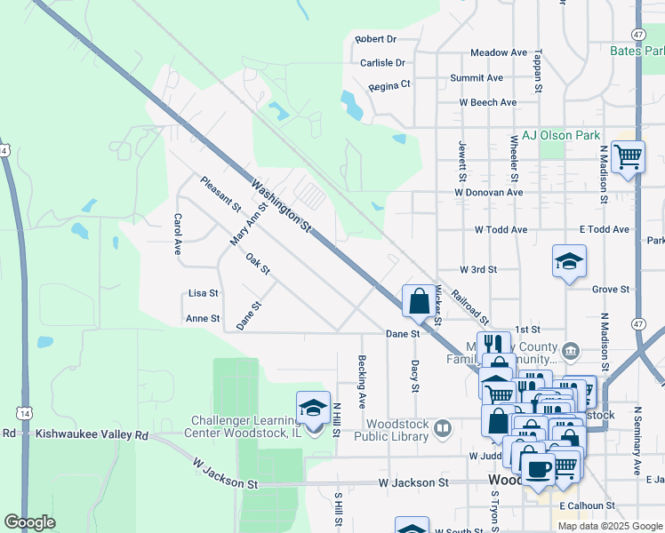 map of restaurants, bars, coffee shops, grocery stores, and more near 669 Washington Street in Woodstock