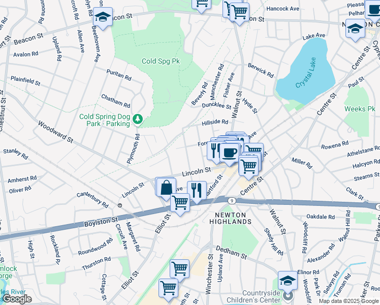 map of restaurants, bars, coffee shops, grocery stores, and more near 39 Bowdoin Street in Newton