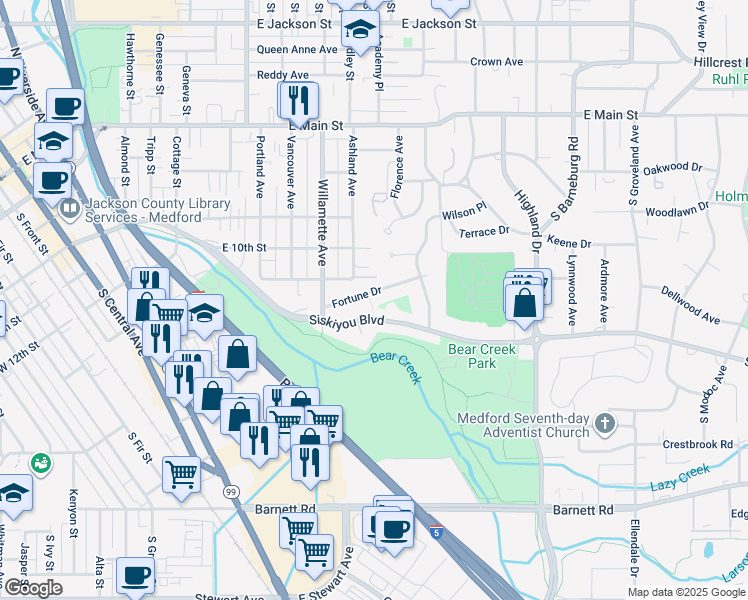 map of restaurants, bars, coffee shops, grocery stores, and more near 1324 Fortune Drive in Medford