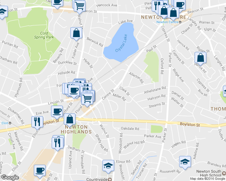 map of restaurants, bars, coffee shops, grocery stores, and more near 1547 Centre Street in Newton