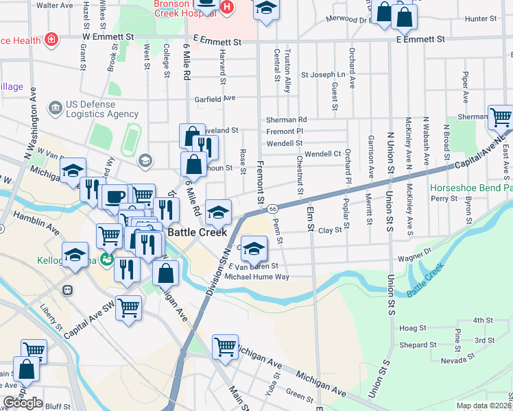 map of restaurants, bars, coffee shops, grocery stores, and more near 181 Capital Avenue Northeast in Battle Creek