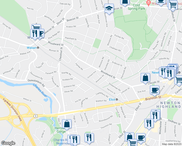 map of restaurants, bars, coffee shops, grocery stores, and more near 25 Orchard Avenue in Newton