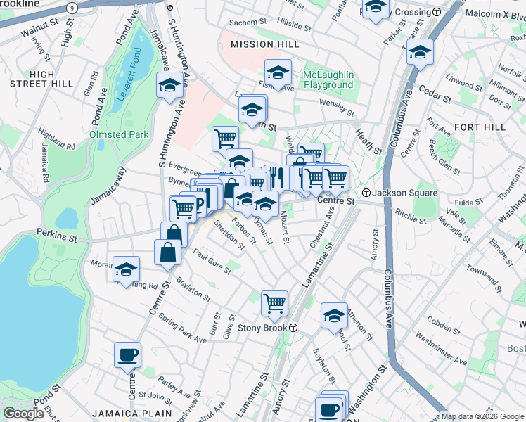 map of restaurants, bars, coffee shops, grocery stores, and more near 334 Centre Street in Boston