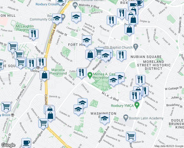 map of restaurants, bars, coffee shops, grocery stores, and more near 2730 Washington Street in Boston