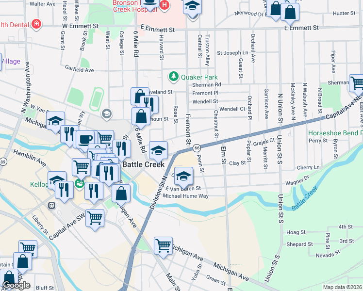 map of restaurants, bars, coffee shops, grocery stores, and more near 181 Capital Avenue Northeast in Battle Creek