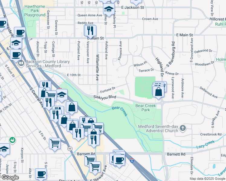 map of restaurants, bars, coffee shops, grocery stores, and more near 1309 Fortune Drive in Medford