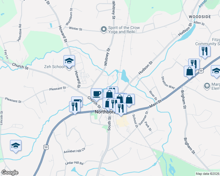 map of restaurants, bars, coffee shops, grocery stores, and more near 14 Mill Street in Northborough